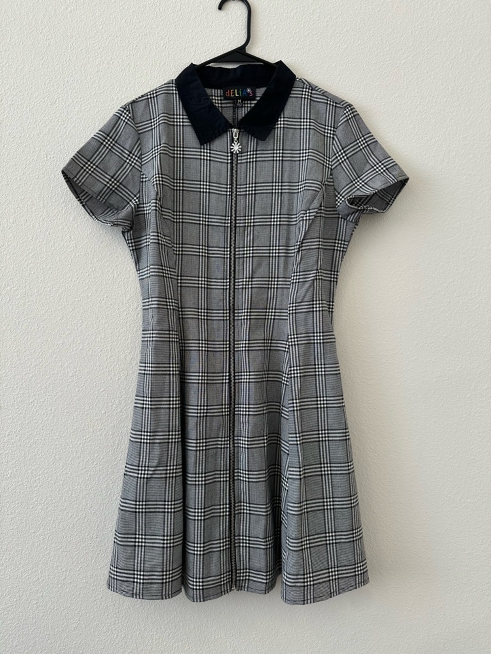 dELiA*s Black and White Plaid Zip-Front Collared Mini Dress